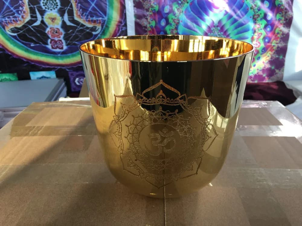 24k gold 3rd octave 432hz perfect C note Root chakra crystal singing bowl with OM carved about 8.5"