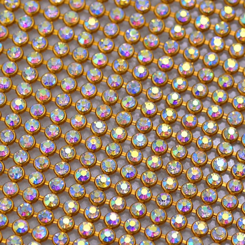 JUNAO 45*120 cm Cristallo AB Vetro Strass Tessuto Oro Argento Finiture in metallo Maglia di alluminio Applique di cristallo per vestiti Borsa Artigianato