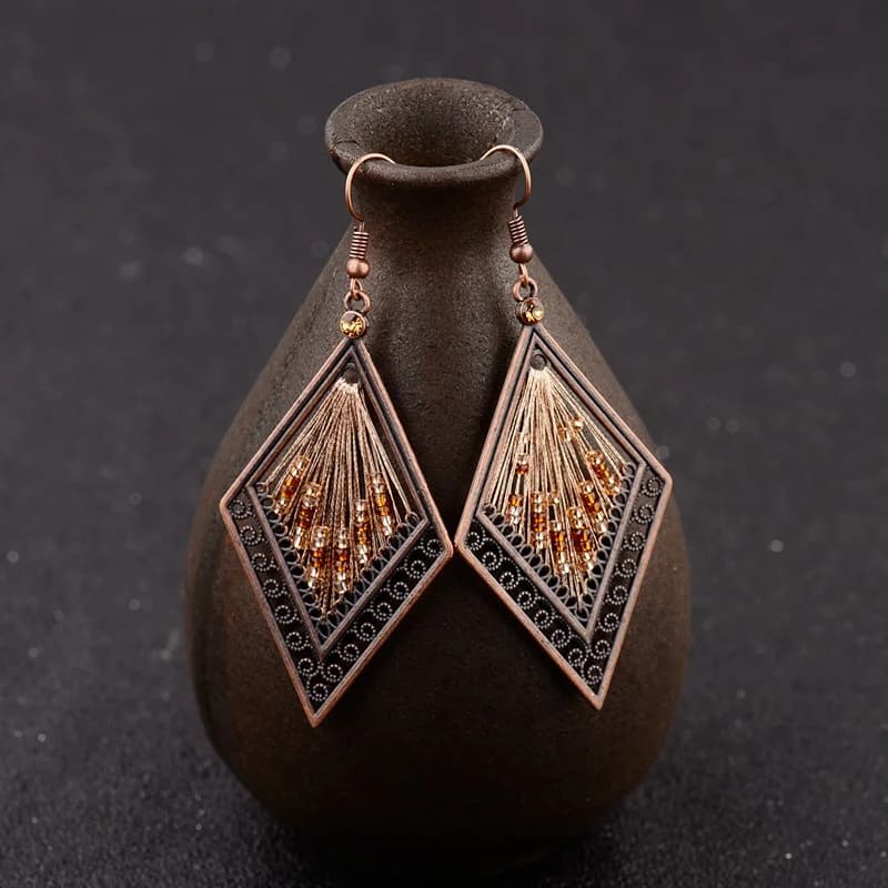 Women's Ethnic Silk Rhombus Alloy Beads Drop Earrings Fashion Jewelry Vintage Gypsy Boho Earrings Oorbellen Jhumka
