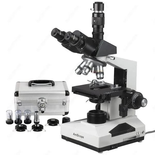 Microscopio Composto Trinoculare AmScope a Contrasto di Fase Simul-Focale 40X-1600X+ con Alogeno da 20W, Tavolino Meccanico 3D