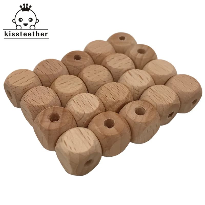 Kissteether Perline di legno di faggio sfaccettato, 12 mm Figura naturale incompiuta Quartetto Perline cubiche di legno per massaggiagengive fai da te e collana infermieristica