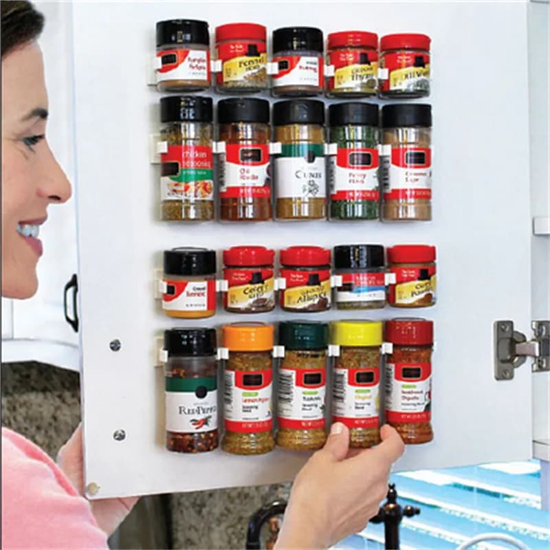Organizzatore per portaspezie a 4 strati Porta dell'armadio da parete Appeso barattoli di spezie Ganci a clip Set Portaoggetti Pinza Bottiglie in PET disponibili