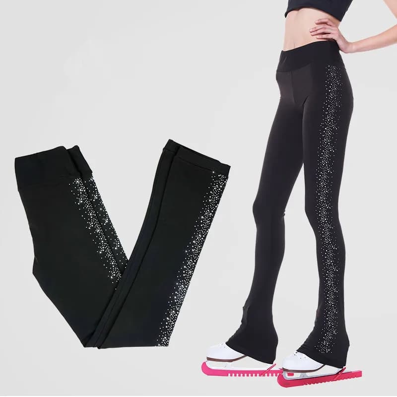 Pantaloni da pattinaggio di figura Pantaloni da ghiaccio da ragazza da donna Spandex nero Abbigliamento da pattinaggio elastico Tinta unita Strass Adolescenti Sport Kid