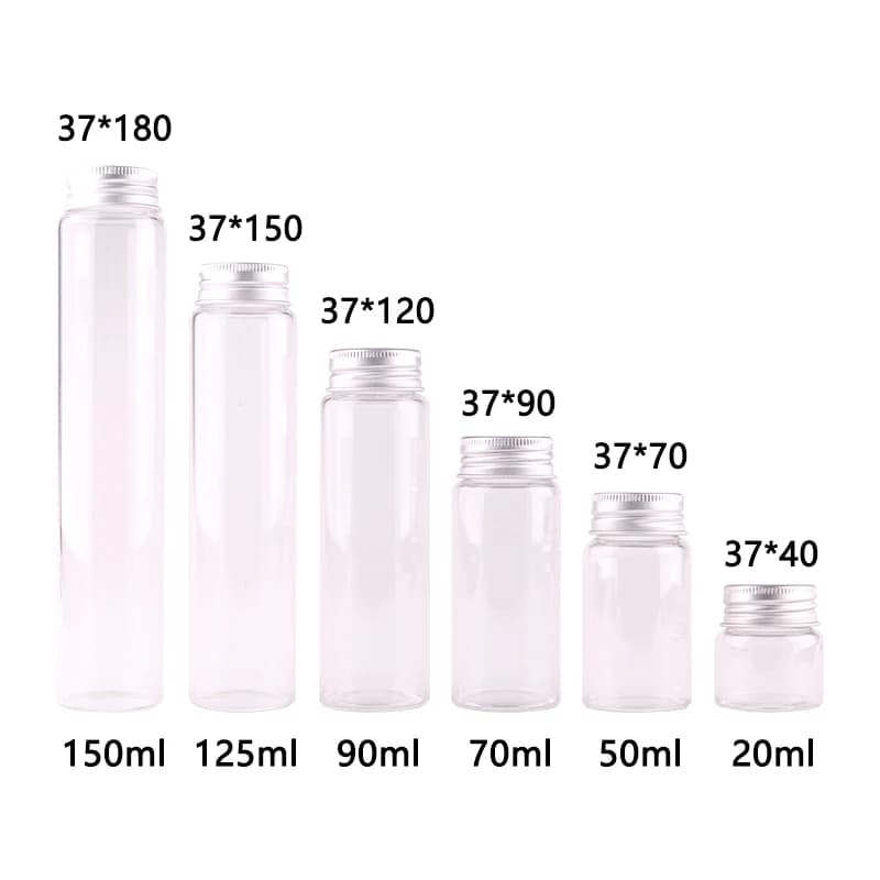 15 pz Diametro 37mm 20 ml/50 ml/70 ml/90 ml/125 ml/150 ml Bottiglie di Spezie in Vetro Trasparente Barattolo di Caramelle Terrario con Vite Coperchio In Alluminio Mestiere
