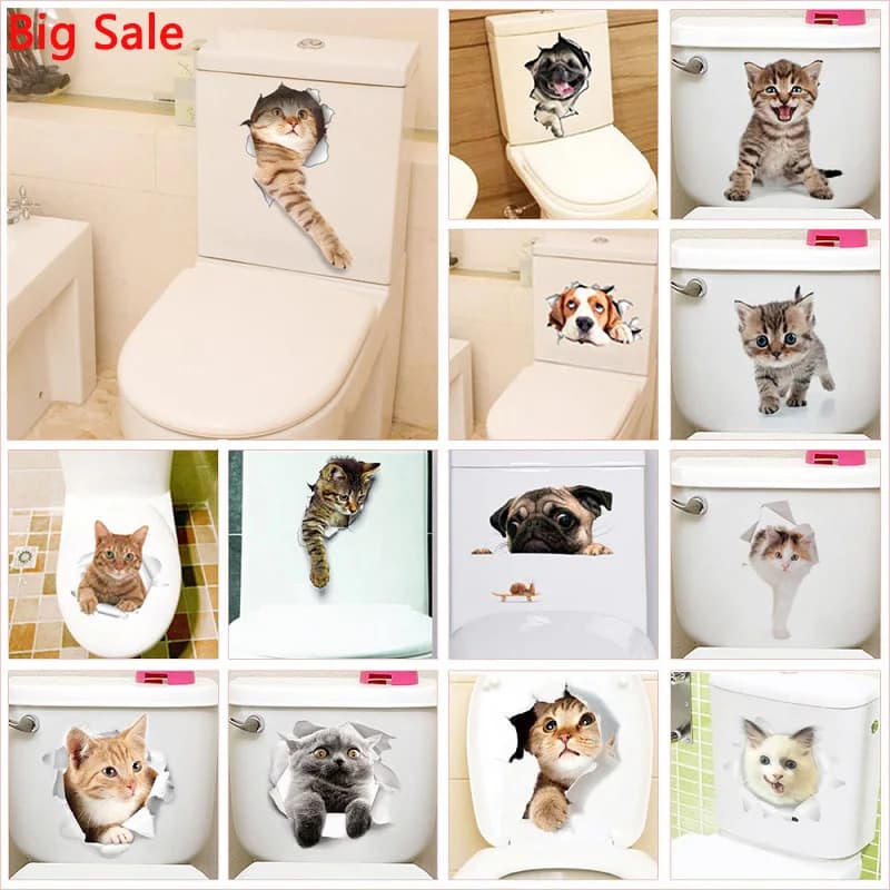 Vivido 3d Foro Gatto Cane Animale Adesivi per WC Decorazione della casa Fai da te Wc Bagno Poster in PVC Gattino Cucciolo Cartoon Wall Art Decalcomanie