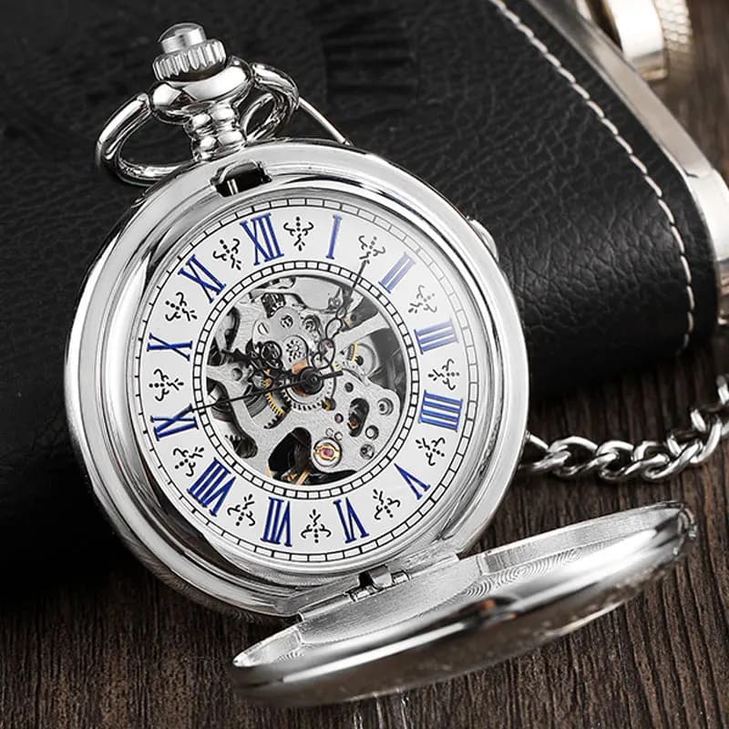 Collana con orologio da tasca meccanico a vento a mano Steampunk con cassa incisa delicata in argento Vintage con scheletro a catena per uomo donna