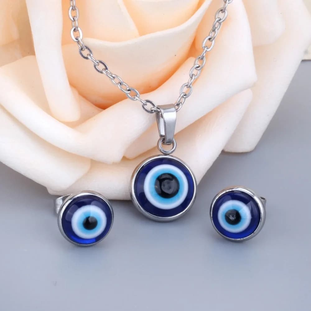 LUXUSTEEL Set di orecchini e collana da donna Blue Eyes in acciaio inossidabile placcato oro 18 carati, set di gioielli con orecchini e collana con ciondolo, idea regalo
