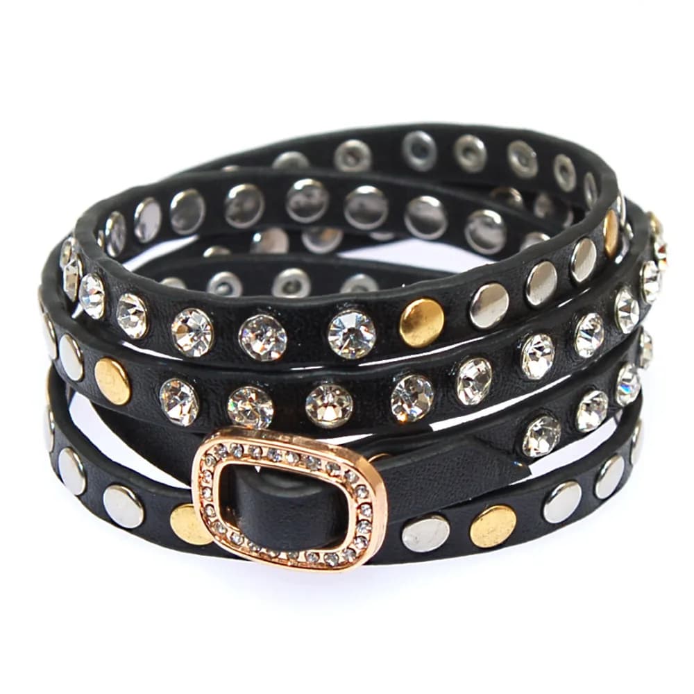 Miasol Crystal and Metal Rivet PU Leather Multiple Wrap Buckle Clasp Adjustable Bracelets For Women Party Jewelry Gifts