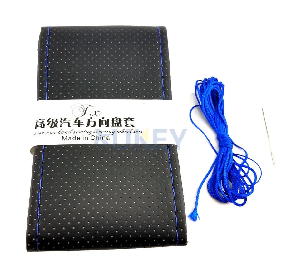 Colore raro nero con filo blu coprivolante per auto in ecopelle cucito a mano fai da te impugnatura morbida volante universale 38cm
