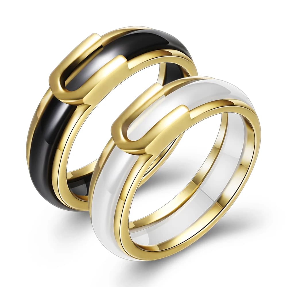 Oro di Colore Creativo Delle Donne Anello AAA CZ di Cristallo Bianco E Nero di Ceramica Anelli di Fedi Nuziali Gioelleria Raffinata E Alla Moda