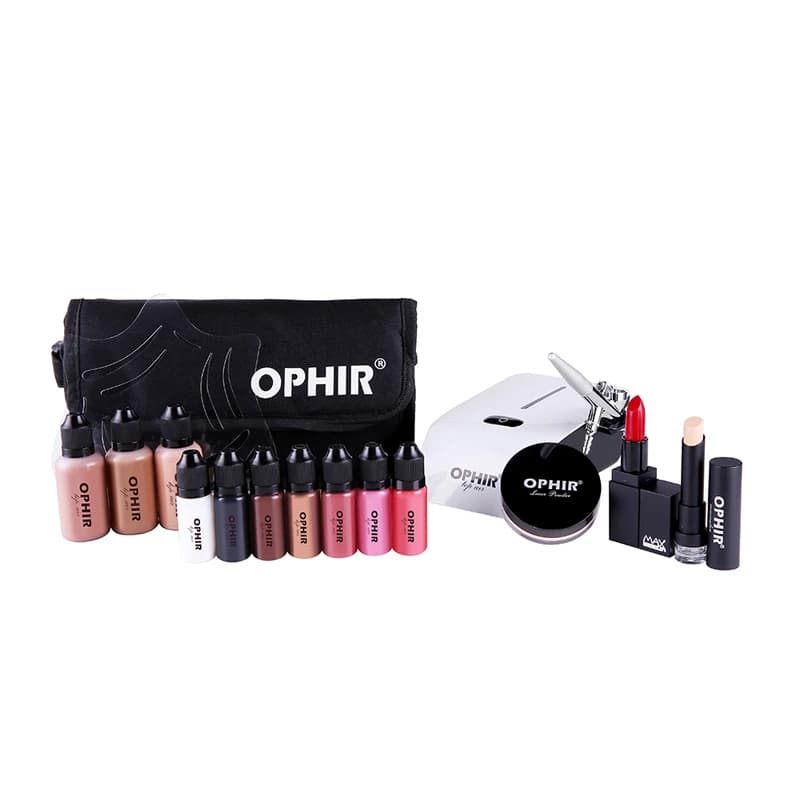 OPHIR Pro Makeup Set 0.3mm Airbrush Makeup Kit Sistema con Mini Compressore D'aria e Concealer Foundation Blush Ombretto Set & borsa