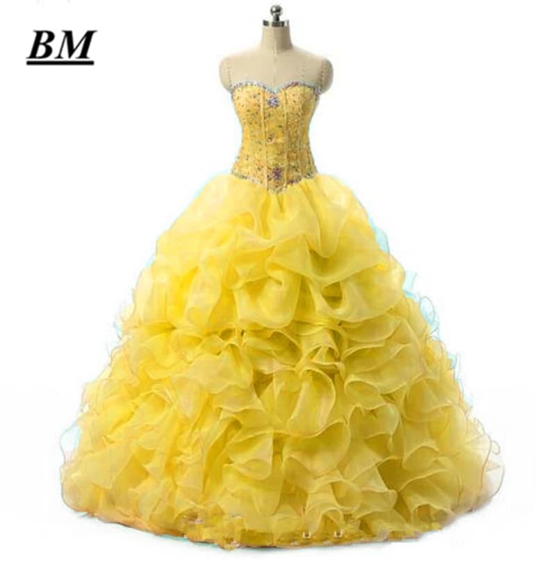2025 Giallo Abiti Quinceanera Abito di Sfera In Rilievo Dolce 16 Abiti Formale Prom Abito Del Partito Vestido De 15 Anos BM66