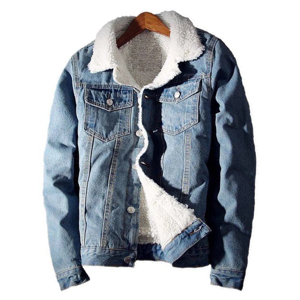 Men's Winter Warm Berber Fleece Denim Jacket Slim Fit Thicken Coat Outerwear Black Blue