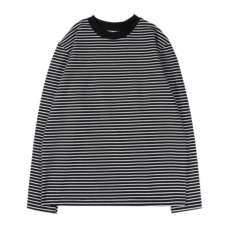 Gyn-Tw003 uomini pesanti nero bianco a righe T-Shirt Casual semplice classico o-collo addensare cotone quotidiano manica lunga coppia Tees