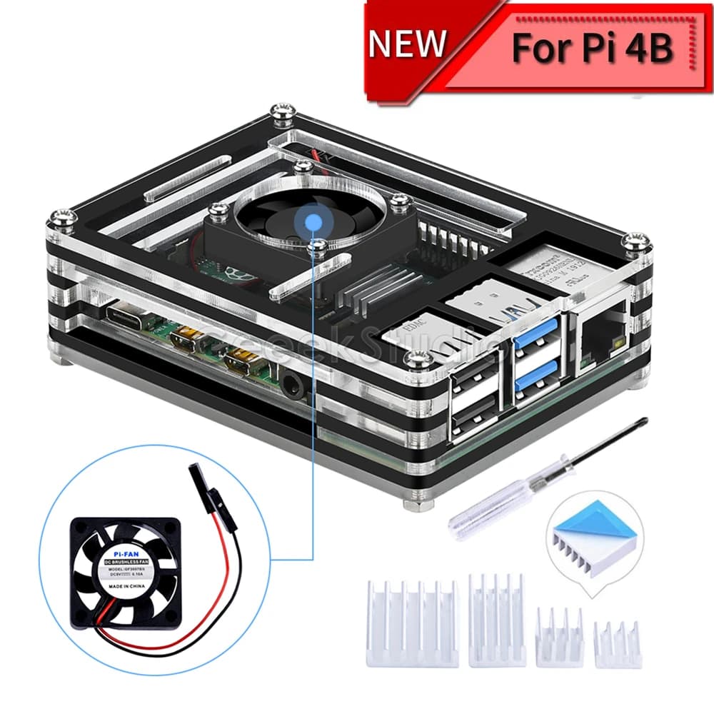 Transparent/transparent and black acrylic housing for Raspberry Pi 4 model B, with cooling fan for RPI 4B