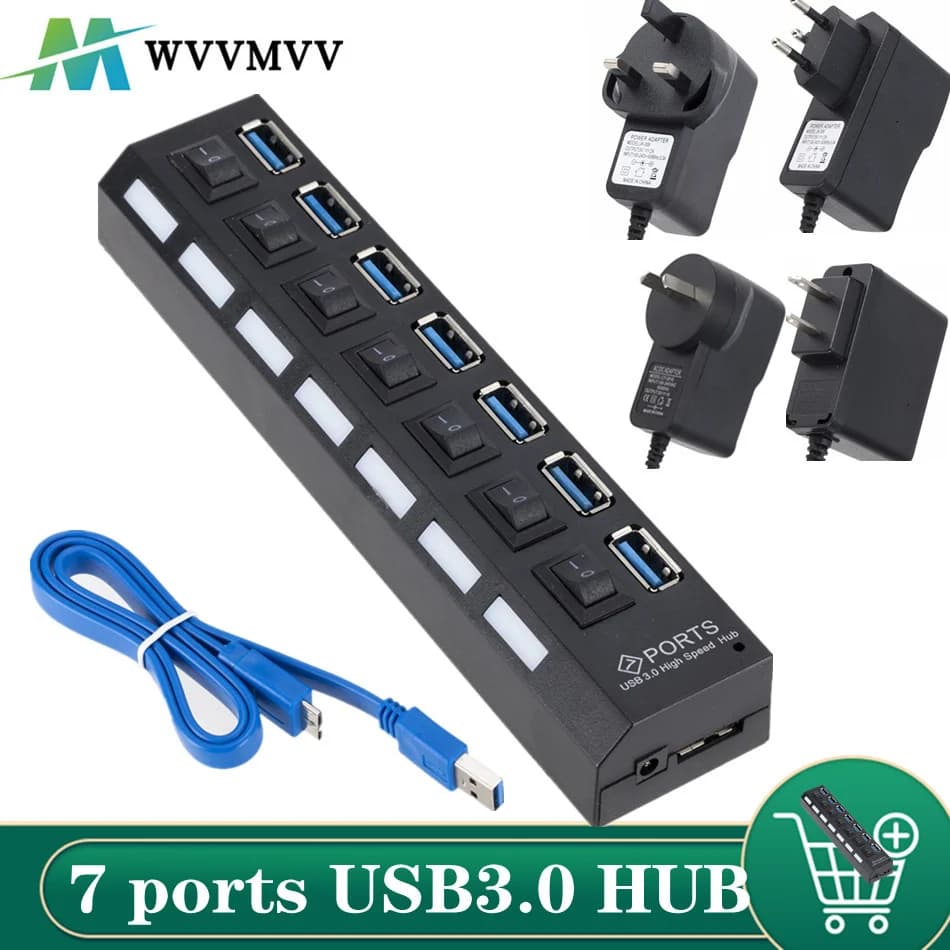 Hub USB 3.0 Hub USB 3.0 Splitter multi USB 3 Hab Use power adapter Multiple expander to 7 ports USB 3.0 Hub with PC switch