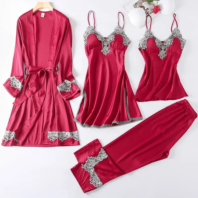 Women's Casual 4 Pieces PJS Nightwear Set Sexy Kimono Dress Underwear Lace Lingerie Soft Housewear