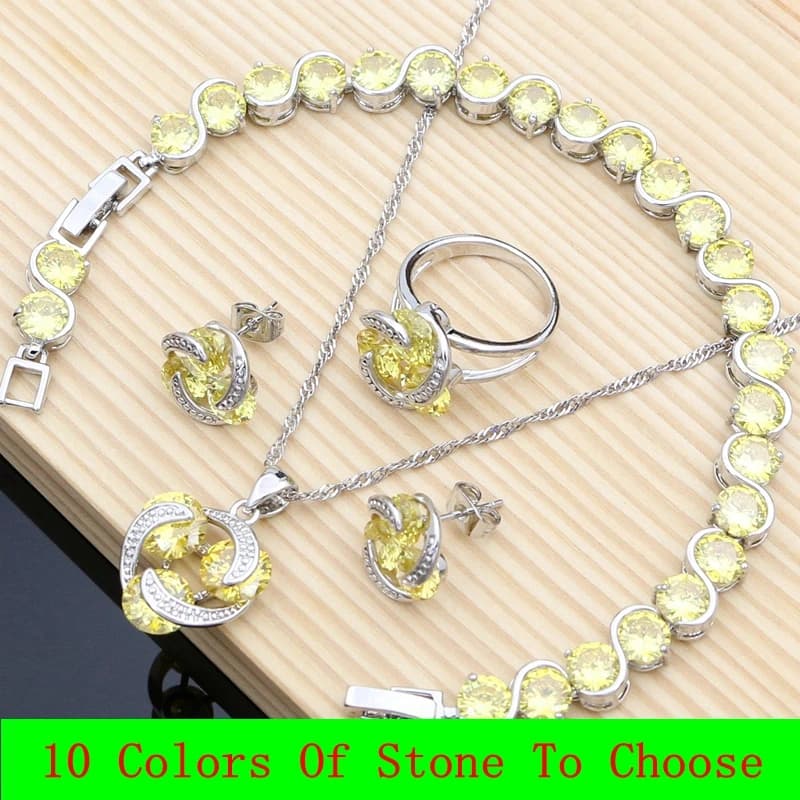 Anniversary 925 Silver Jewelry Sets for Women Yellow Topaz Gemstone Stud Earrings Bracelet Ring Necklace Sets Gift for Lover
