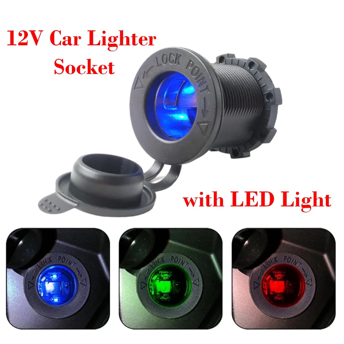 12V/24V Car Lighter Charger Clamp Waterproof with LED Light for Power Adapter for Auto Motorcycle Tractor