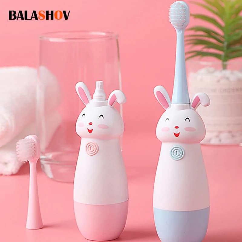 3 to 12 year old electric baby brush, rotating, cute bunny, cartoon model, for children with soft spare heads, non-slip toothbrush