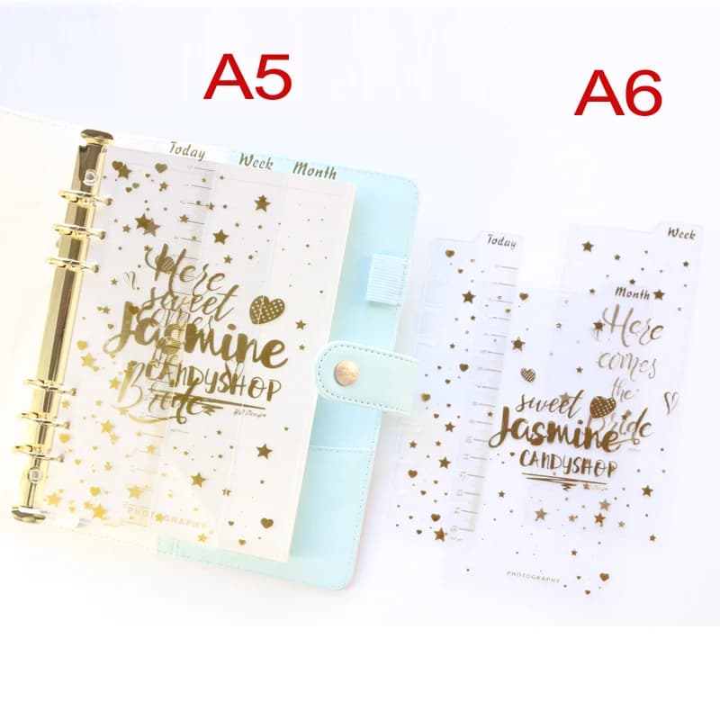Domikee Carino Stagnola di Oro Trasparente Pp 6 Fori Righello Divisori Set per La Spirale Agenda Planner Organizzatore Notebook Cancelleria A5A6
