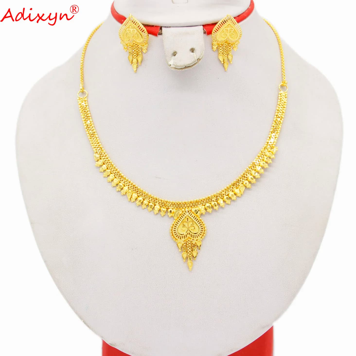 Adixyn 24k Light Gold Jewelry Set for Women Girls Heart Chain/Ethyop Earrings Item For Party N07019