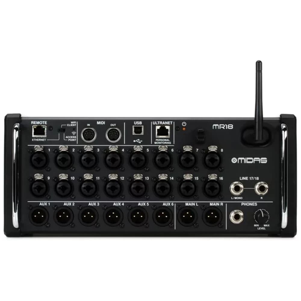Midas MR18 Mixer digitale per montaggio su rack a 18 ingressi per tablet iPad/Android con 16 preamplificatori, modulo WiFi e interfaccia audio USB