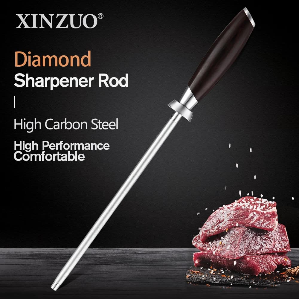 XINZUO accessori per coltelli da cucina con asta per affilare i diamanti acciaio inossidabile ad alto tenore di carbonio confortevole legno di ebano naturale