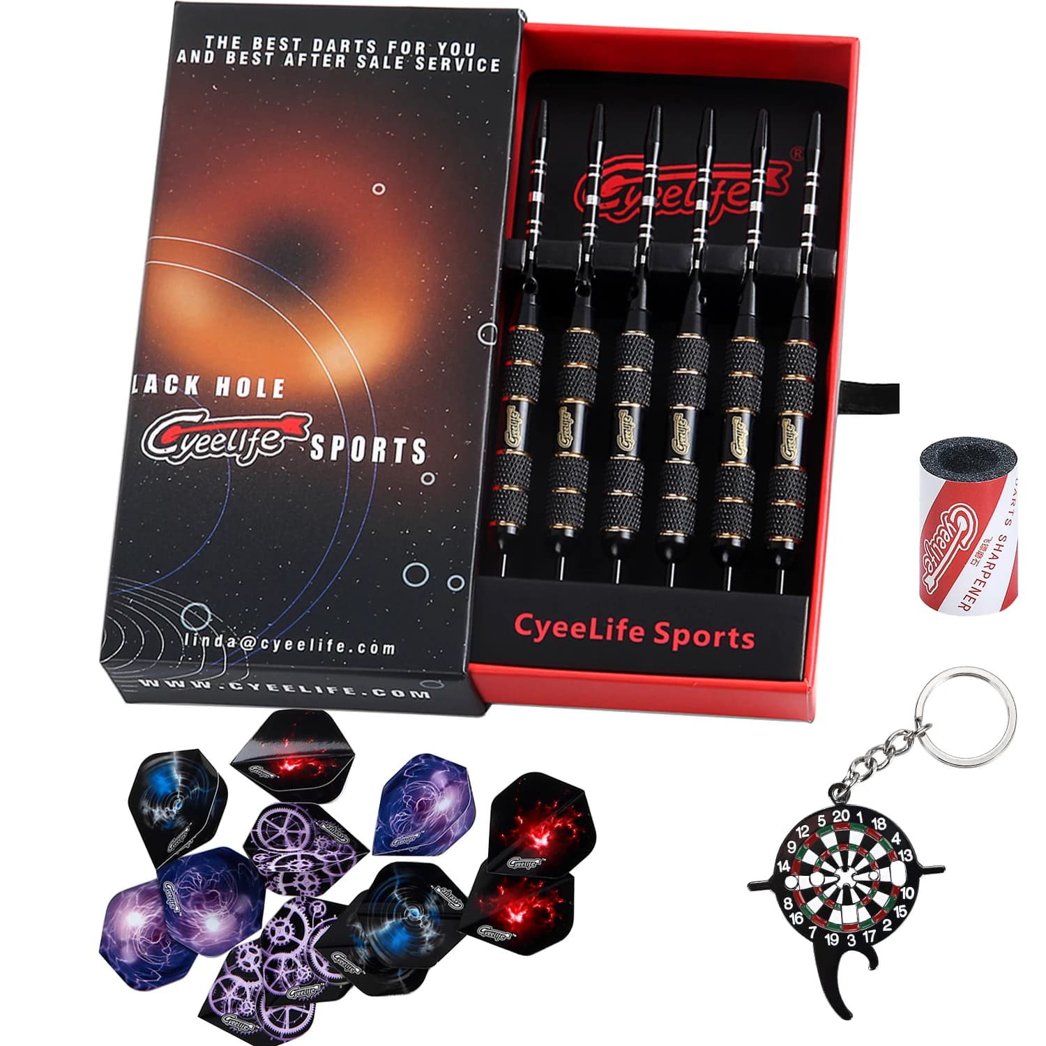 Set di freccette con punta in acciaio CyeeLife 22g professionale con astuccio regalo, 12 voli + temperamatite + strumento multifunzione 6 confezioni