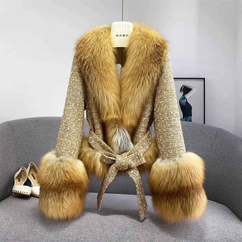 Giacca invernale femminile in cotone spesso sottile corto di lana da donna Nuovo sottile importato in tutta la pelle Collo in pelliccia di volpe rossa Cappotto in pelliccia imitazione A863