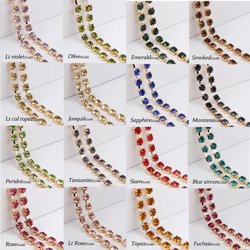 SS28 catena a tazza con strass in cristallo base dorata 1 yard / 3 yard / 5 yard 27 colori per accessori di abbigliamento
