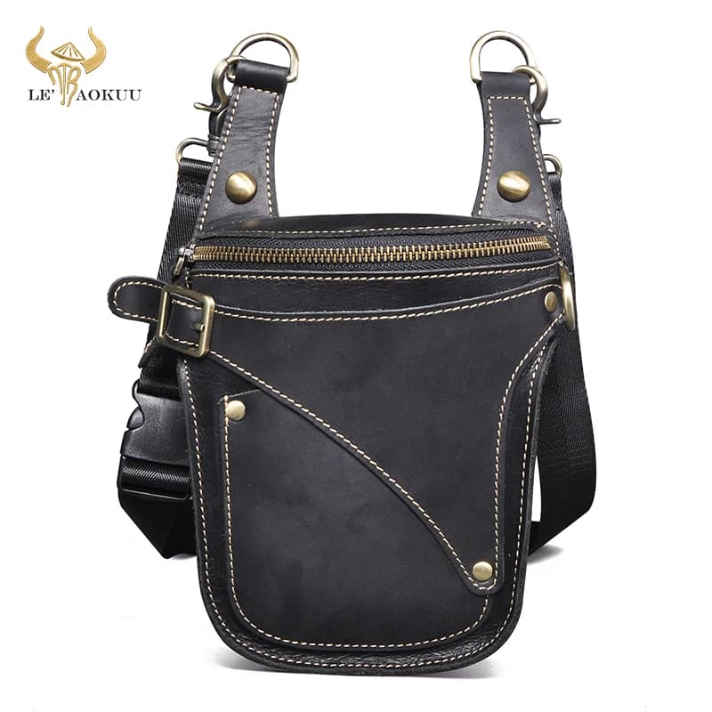 Unisex Retro Crazy Horse in pelle spessa 7 "moto da equitazione borsa da gamba Design cintura da viaggio marsupio marsupio 9326