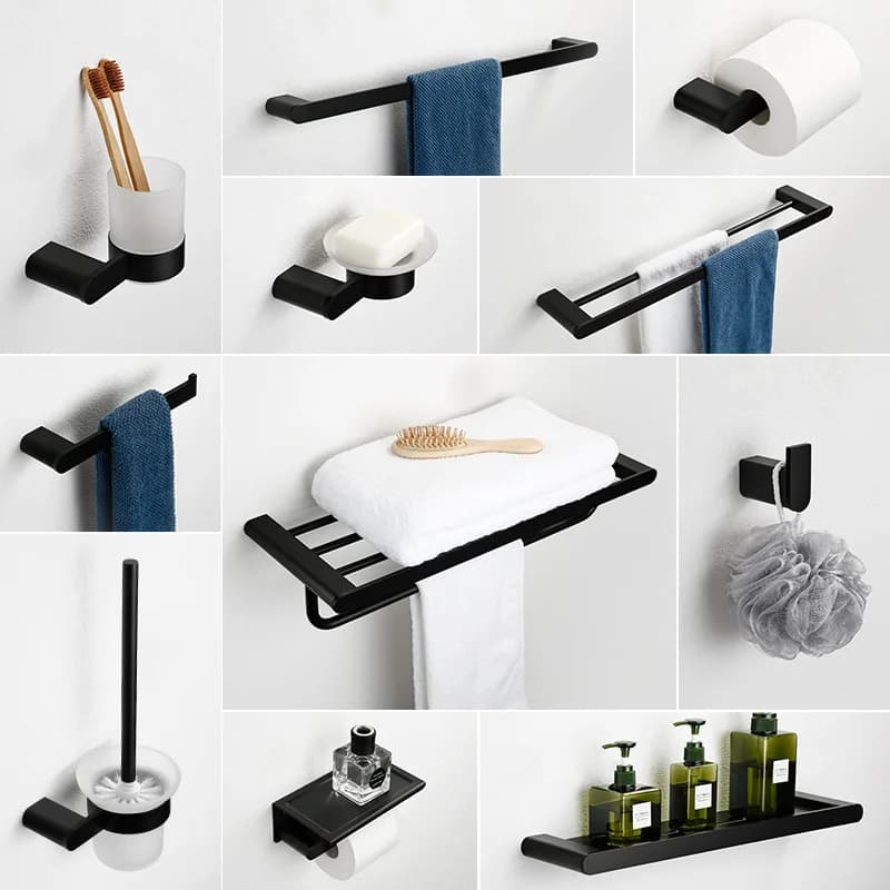 MTTUZK Mtte Nero SUS304 Set di accessori per il bagno in acciaio inossidabile Mensola per asciugamani Porta carta Gancio Porta asciugamani Accessori per il bagno