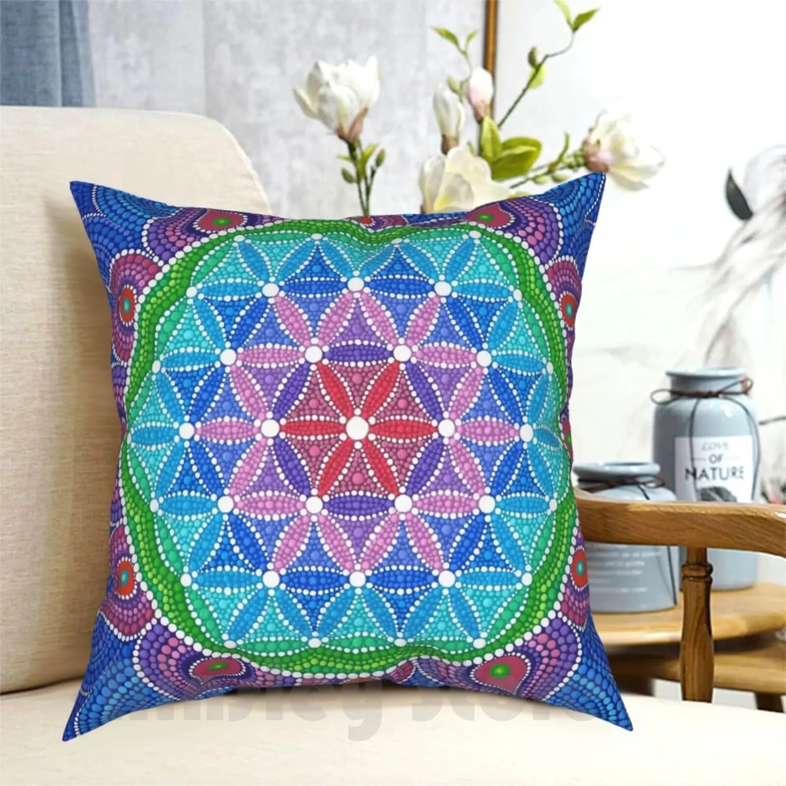 Divine Lotus Mandala Federa per cuscino Stampata per la casa Morbido cuscino Fiore della vita Seme della vita Geometria sacra Fiore di loto