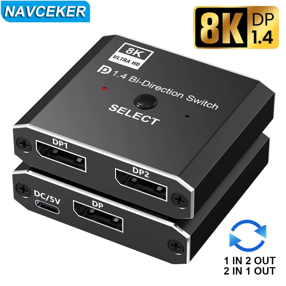 Switch DisplayPort 1.4 8K, Splitter Bidirezionale, Commutatore KVM 2X1 1X2, DisplayPort 8K@30Hz, 4K@120Hz