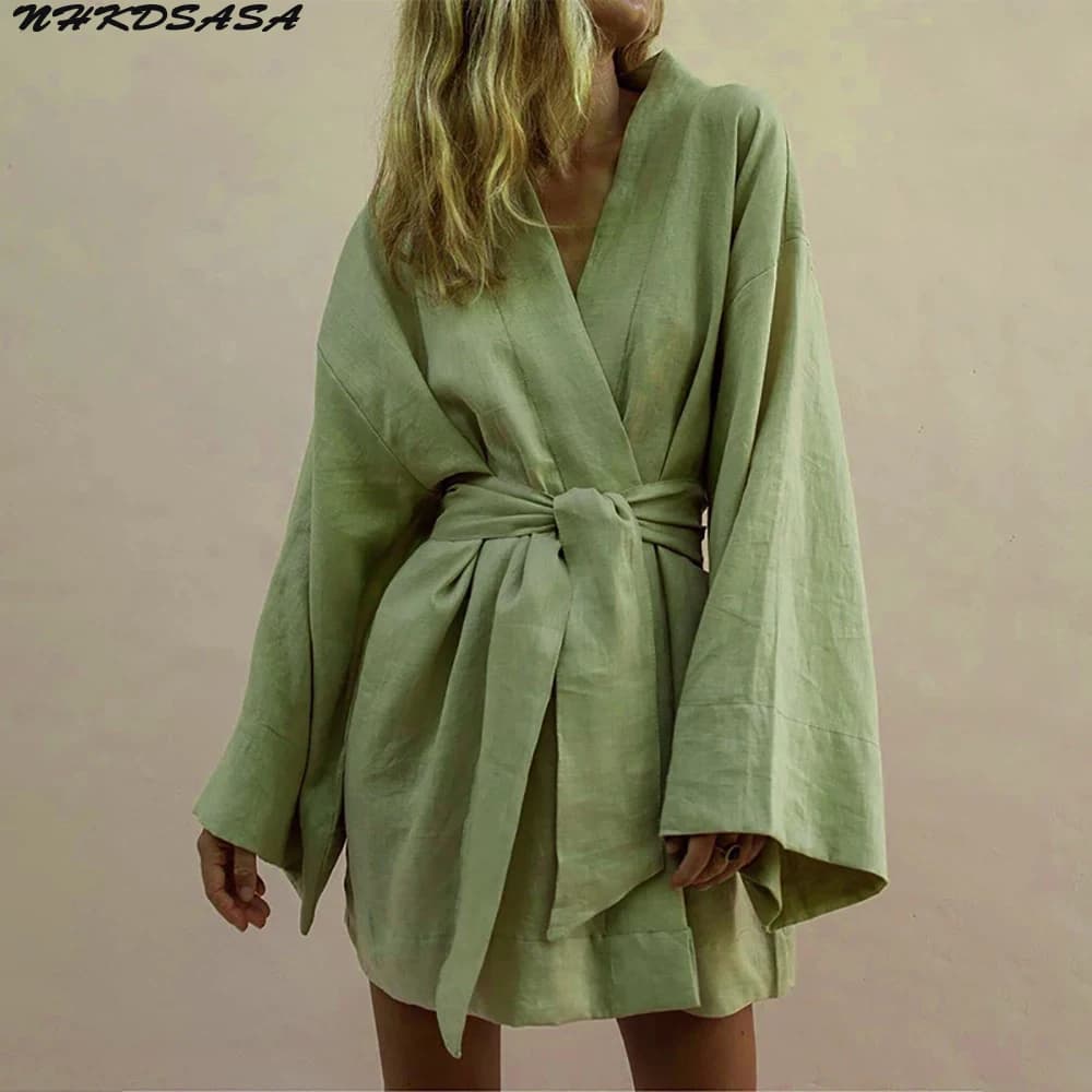 Cardigan Kimono V Neckline Women's Mini Cotton Linen Dress Long Sleeves Suede Dresses Style Wraped Summer Large Dresses