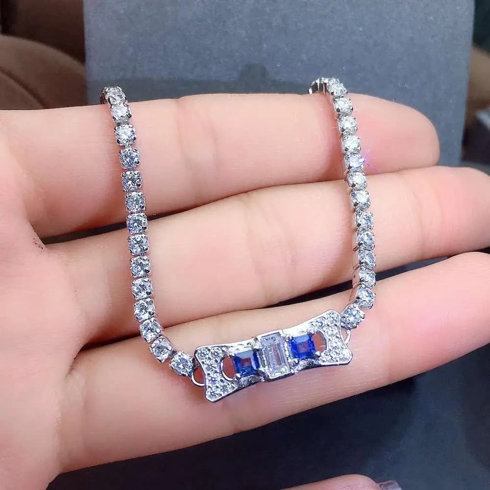 Bracciale a catena con zaffiro reale e naturale al 100% Spedizione gratuita Zaffiro reale naturale in argento sterling 925