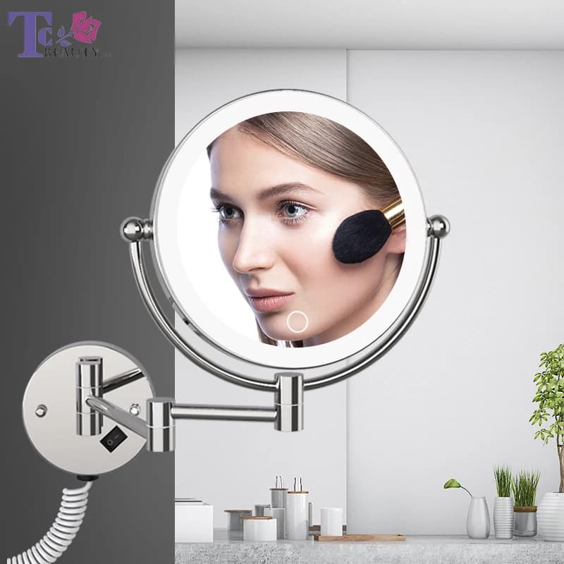 Parete LED Specchio Per Il Trucco Con Spina 5X Ingrandimento Specchio Cosmetico Double Sided Specchi A Parete di Tocco Dimming Specchi Da Bagno