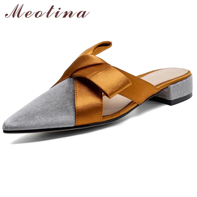 Sandali piatti Meotina punta a punta muli fiocco estivo scivoli da donna scarpe da donna pantofole piatte moda calzature da donna 2021 grigio
