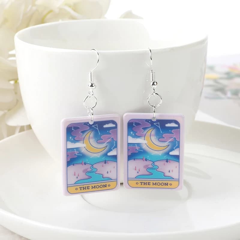 1 paio di orecchini pendenti con tarocchi, con retro piatto, in acrilico, punk, gioco di divinazione magica, gioielli, sole, luna, artigianato