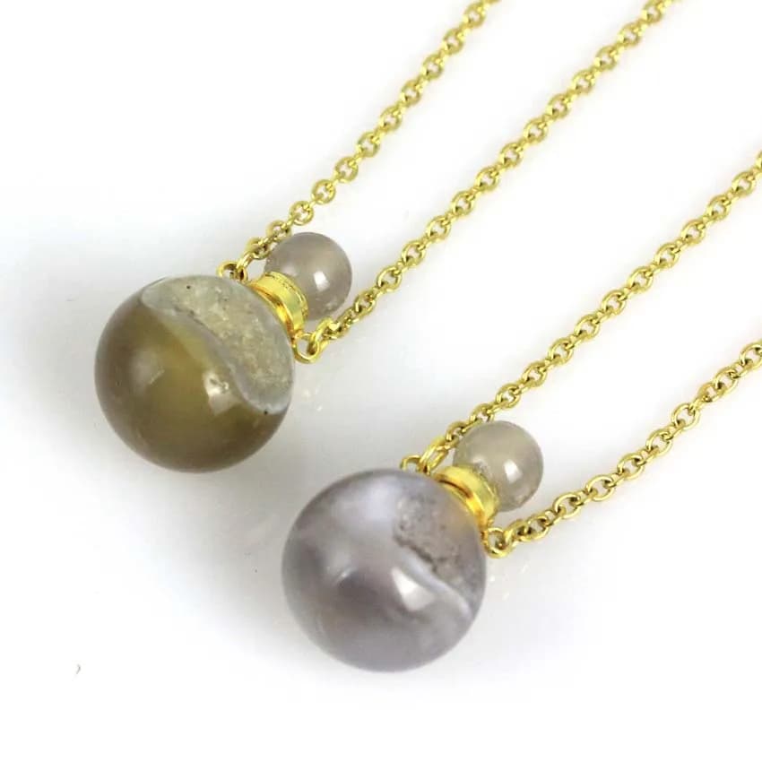 Natural Onyx Agate Crystal Round Beads Perfume Bottle Stone Pendant Necklace For Women Essential Oil Diffuser Pendant Necklace