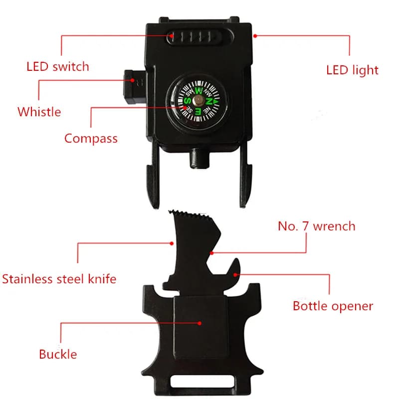 Fibbia con luce a LED Fibbia per braccialetto Paracord Strumenti di sopravvivenza multifunzione Fibbia per fischietto di sopravvivenza Kit di pronto soccorso