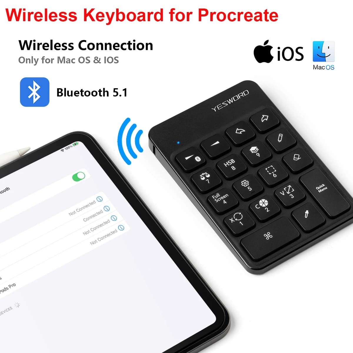 Tastiera Wireless YESWORD per procrea disegno Bluetooth per tablet grafici iPad pittura 6.5*5.5 "ricaricabile PK Aoiktye 2
