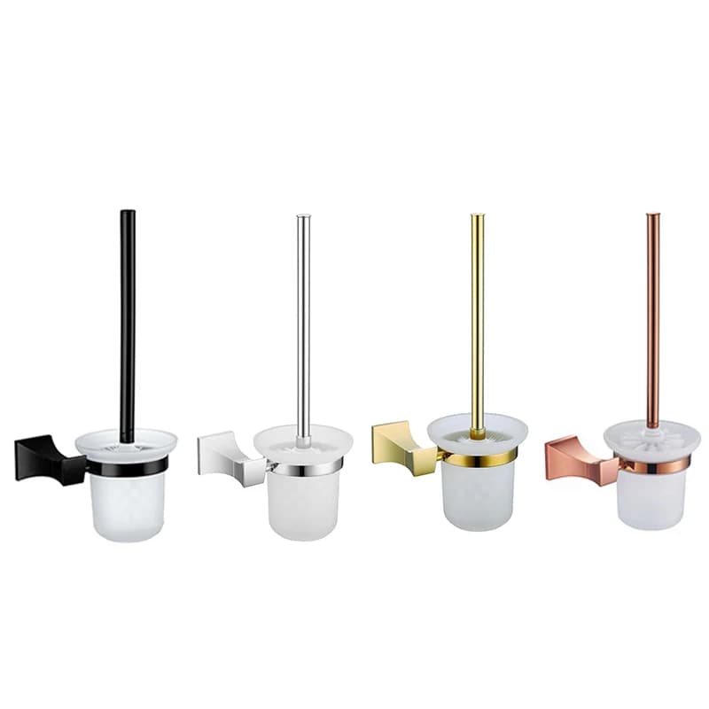 Porta scopino a parete con vite cromata in oro rosa con porta scopino per WC con tazza in vetro