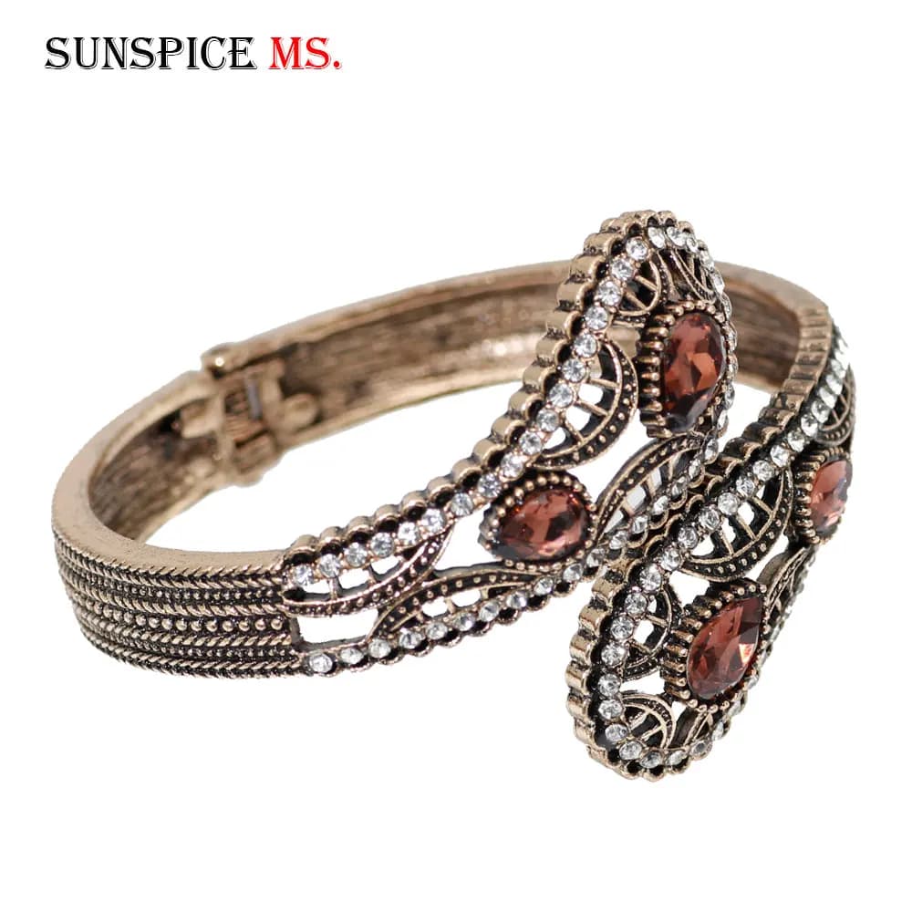 SUNSPICE-MS Champagne di Cristallo Dell'annata Delle Donne Del Polsino Del Braccialetto Turco Retro di Colore Dell'oro del Metallo Primavera Etnici Del Braccialetto Dei Monili di Cerimonia Nuziale