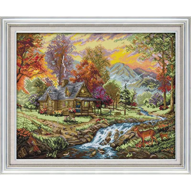 Set di Pittura Decorativa con Fiumi Piccoli, Cervi, Capanne di Campagna e Bellissimo Paesaggio - Suite per Villa Vacanze con Ricamo a Punto Croce