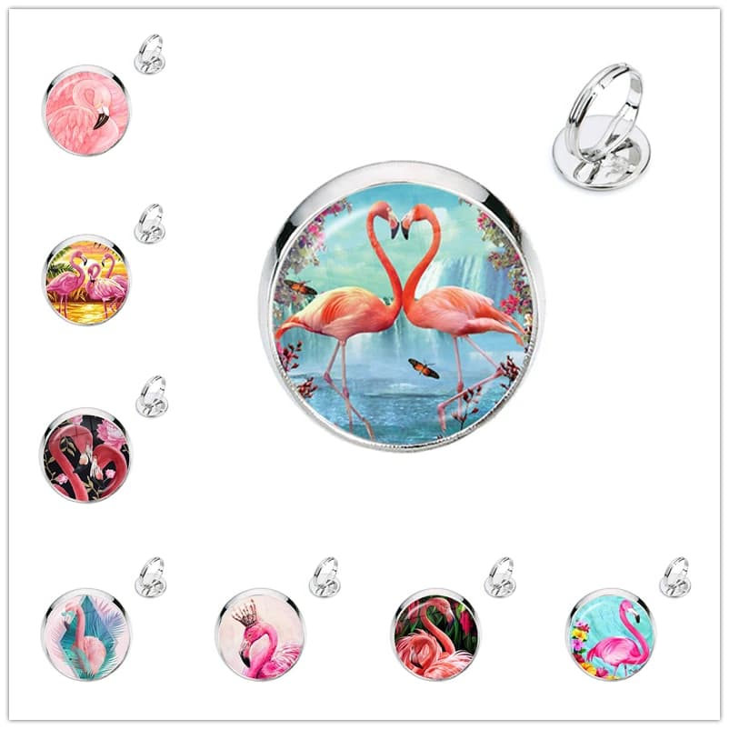 2021 New Fashion Flamingo Art Picture Ring Glass Cabochon Dome anelli regolabili per le donne gioielli da uomo regali