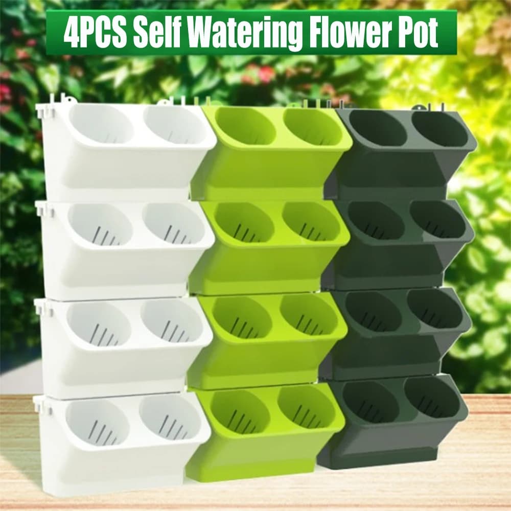 4 pcs Self Watering Flower Pot Stackable Wall Planter Garden Plastic Pots Wall Hanging Vertical Succulents Plant Bonsai Pot Home