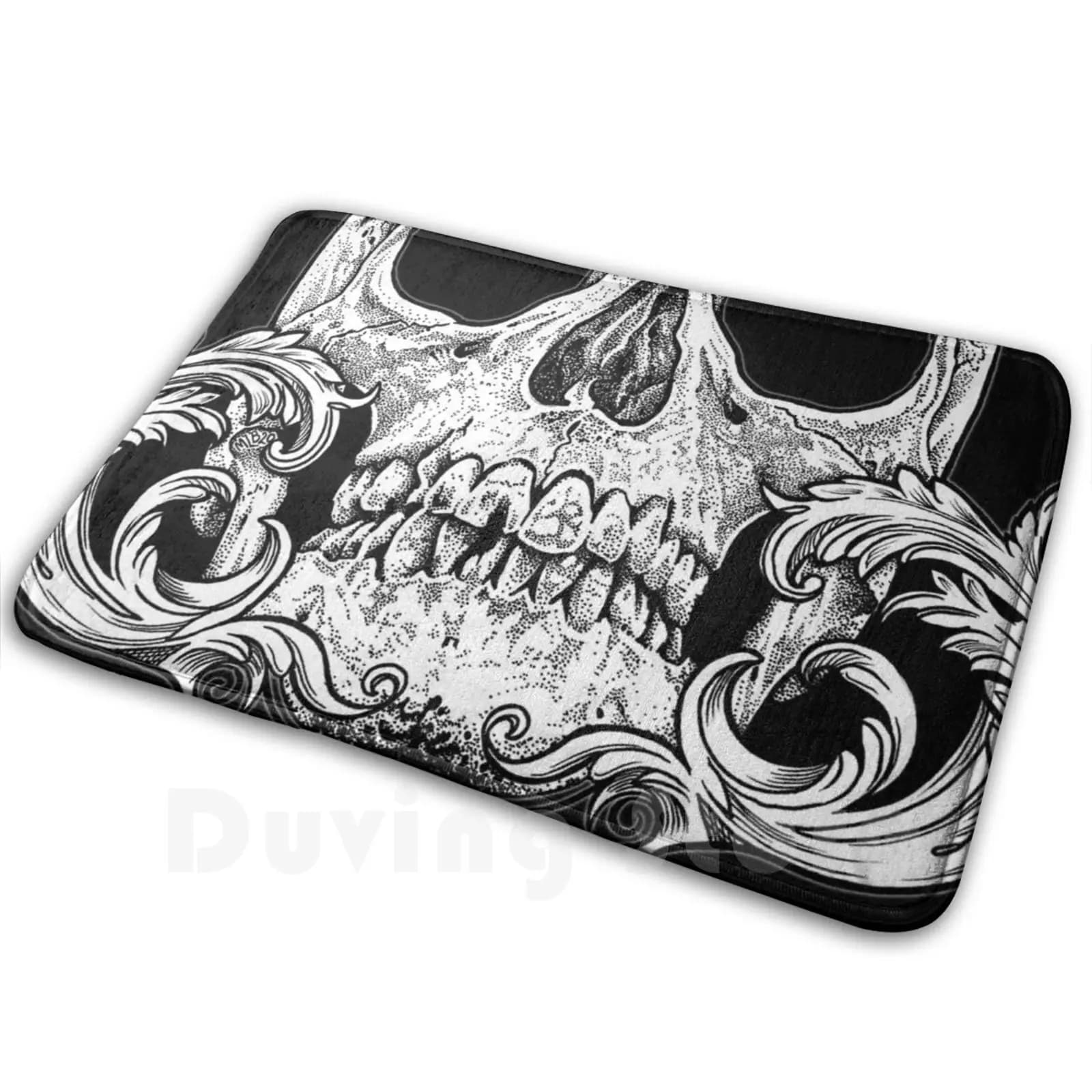 Sfondo nero Teschio Tappetino Tappeto Tappeto Tappetino Tappeto Tappetini antiscivolo Camera da letto Teschio Nero Pergamene Dot Work Tattoo Bones Mat