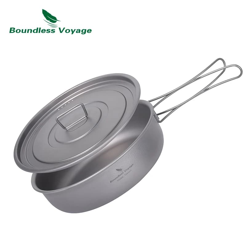 Boundless Voyage titanium non-stick pan with foldable handles cover outdoor camping pan table plate